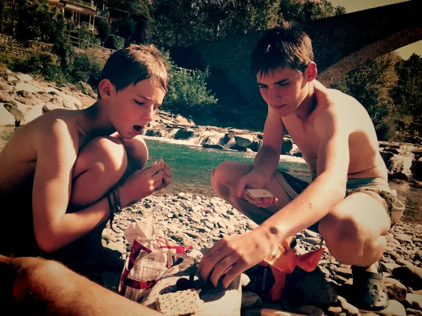 Swimming lunch under the Roman bridge, Bobbio